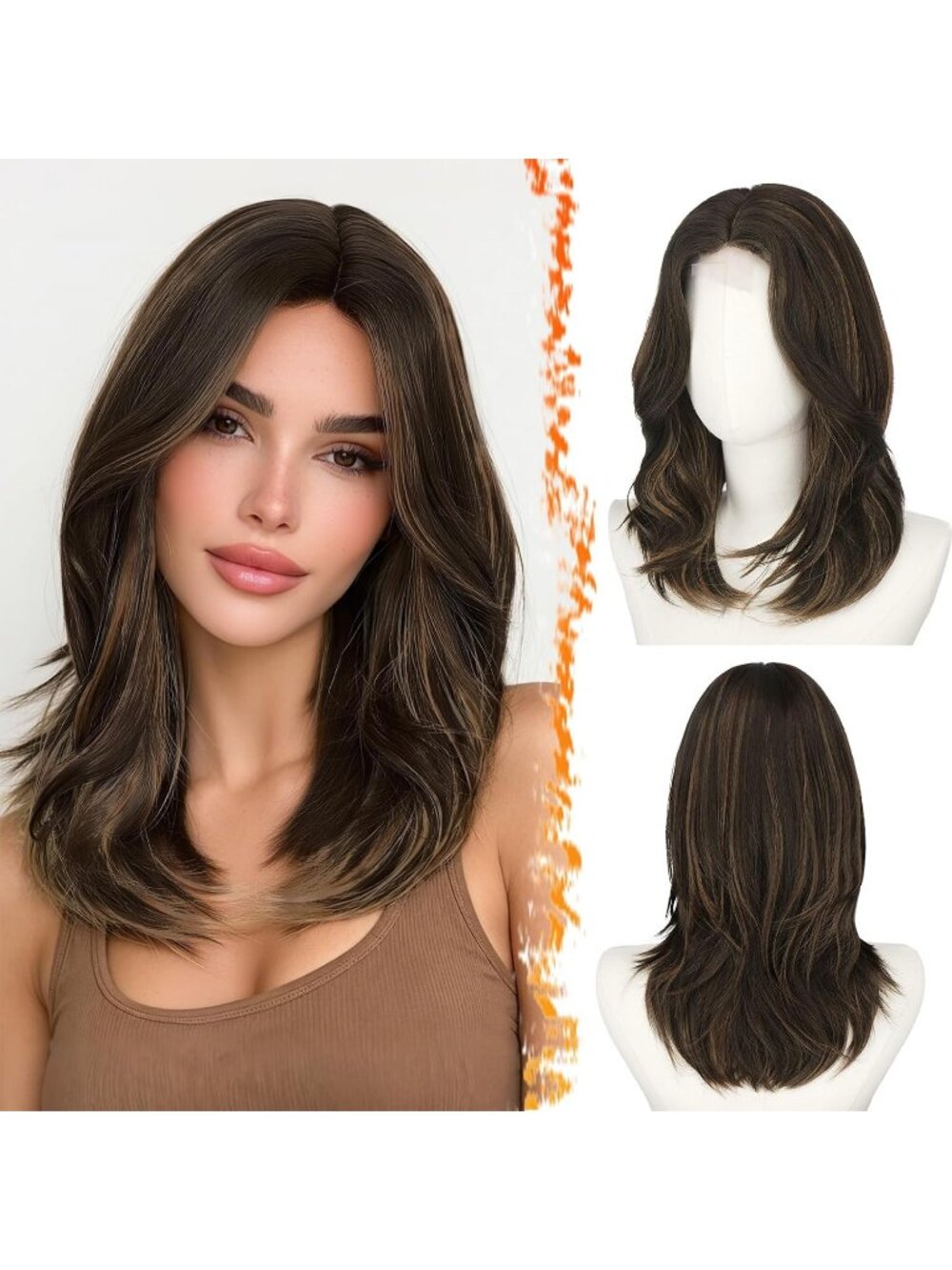 16 Inch Women's Black Brown Highlight Butterfly Layered Straight Bangs Wigs